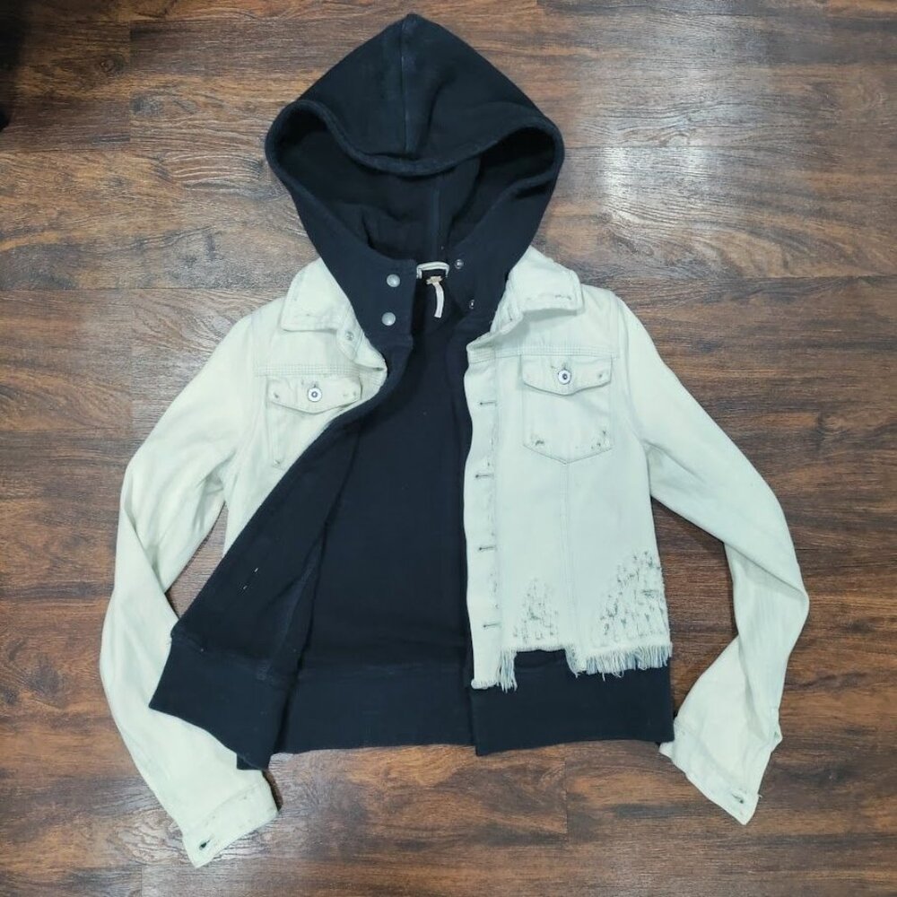 Free People Distressed Skater Grunge Layered Denim Jacket Ivory Black Size XS - Picture 3 of 15
